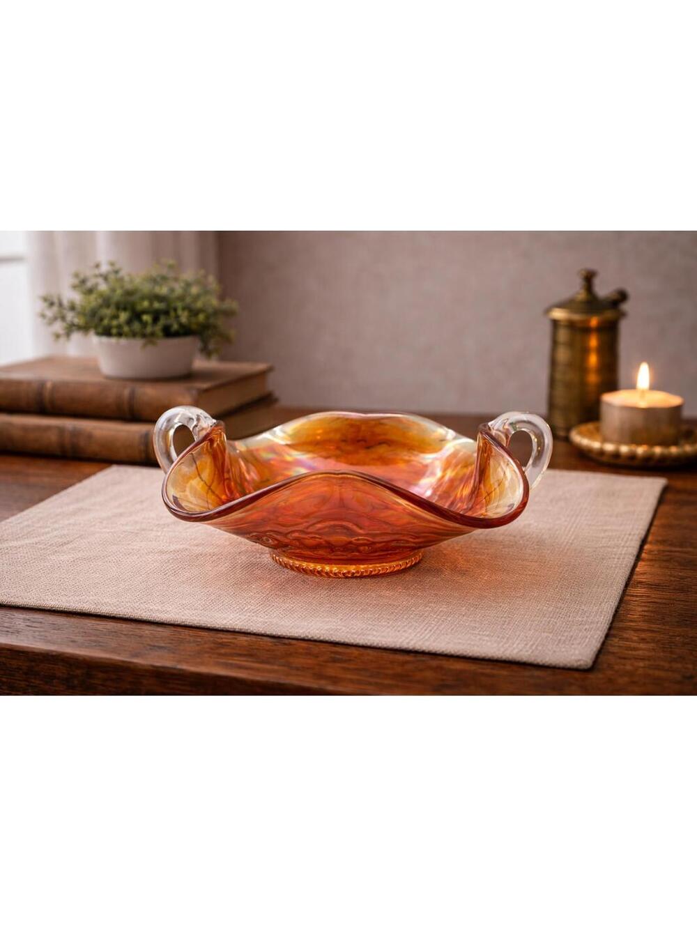 Vintage Amber Carnival Glass Handled Bowl Iridescent Orange Dish 7"